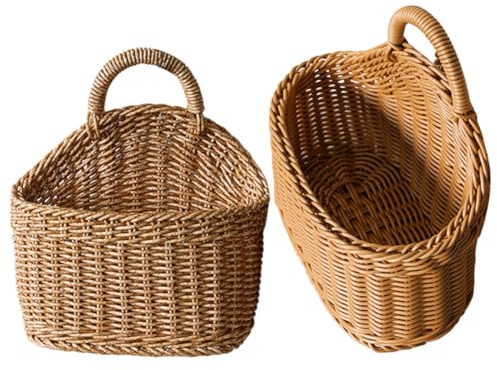 WEKAMOS 2pcs Wall Hanging Basket Set, Woven Storage Basket for Kitchen Cutlery and Vegetables, Brown and Light Brown Plastic Handmade, Space-saving Organizer for Home and Kitchen