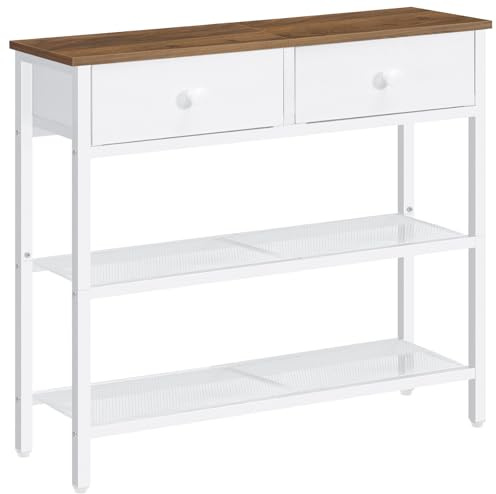 HOOBRO Mesa de Entrada de 75 cm de Largo, Mesa de Sofá de Estilo Industrial con Dos Cajones de Tejido no Textil, Consola con 3 Estantes, Dormitorio, Vestíbulo, Blanco y Nogal EWH72XG01