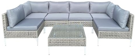 GIANTEX Set di Mobili da Giardino in Rattan 7 Pezzi, 4 Divani, 2 Divani ad Angolo, Tavolo in Vetro Temperato, Cuscini Rimovibili, Struttura in Metallo, Set di Mobili da Esterno per Giardino, Terrazza