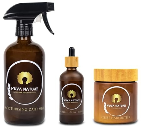 Muva Nature The Chebe Set Trio de soins capillaires – Brume quotidienne hydratante, beurre capillaire au chébé et huile de croissance du chébé | Favorise la croissance des cheveux