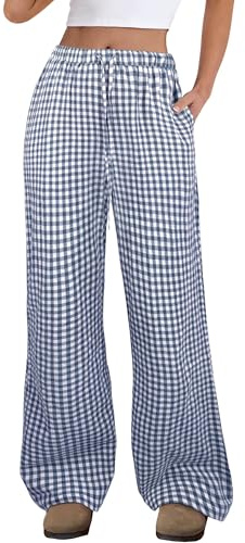 ANRABESS Womens Gingham Wide Leg Pants Lounge Pajama Bottoms with Pockets
