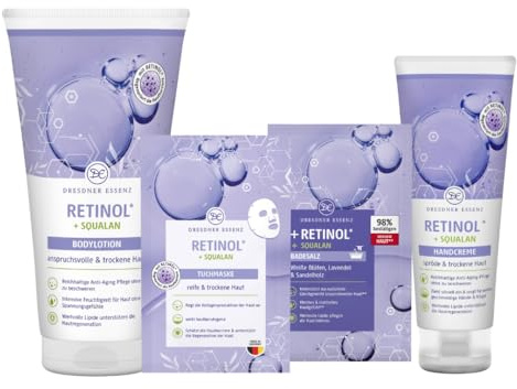 Dresdner Essenz Skin Essence – Retinol Pflegeset – 4-teiliges Beauty-Set | Anti-Aging Körperpflege mit Retinol – Set: Bodylotion, Tuchmaske, Badesalz & Handcreme – glättend & regenerierend – vegan