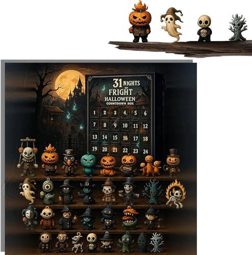 Caja de cuenta regresiva de Halloween con figuras, calendario de Adviento de 31 noches de miedo con mini figuras de terror aterradoras, colgantes y dijes de escritorio, sorpresa espeluznante para
