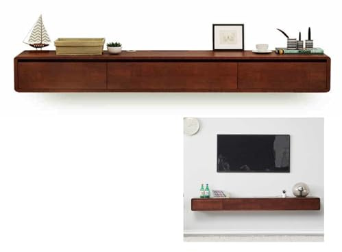 Mueble de TV minimalista montado en la pared con cajones, consola multimedia flotante para televisores de 55, 65, 75, 80 pulgadas, elegante unidad de nogal (160 x 20 x 24 cm)