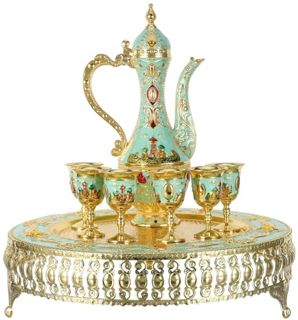 TOYANDONA 1 ensemble de cafetière turque - Verre à vin et plateau avec motif château en relief - Ustensiles de service à thé en métal pour fête, service à thé marocain, décoration de vacances