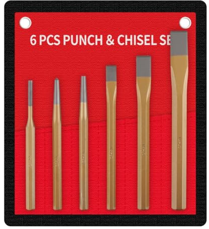 Juego de 6 cinceles de metal con perforador central plano para ladrillo, hormigón, tallado o procesamiento de metal y piedra, incluye bolsa de almacenamiento para mampostería, (B)