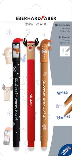 EBERHARD FABER 582120 - Tintenroller radierbar, 3 Animal Erase it Wintermotive, Gelschreiber blau 0,7 mm