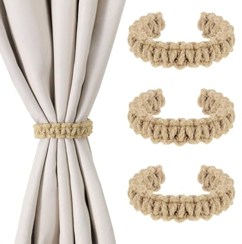 Sikweny 4 Piezas Alzapaños Cortinas Sujeta Cortinas Cinta para Cuerda Alzapaños Bohemios Lazos Hechos Mano Sujeta Diseño Tejido Accesorios Gancho para Hogar Oficina Ligeras Suministros Decoración