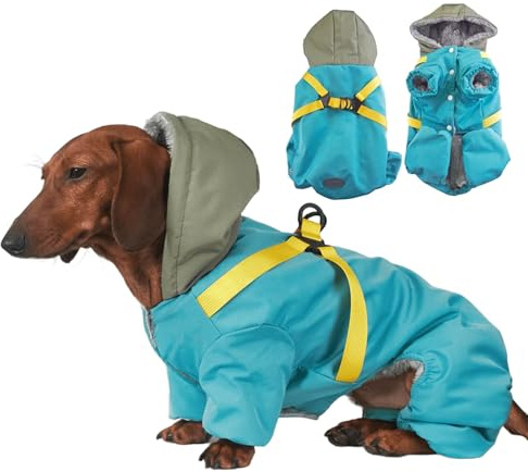 IUOUTG Wintermantel Für Dackel-Hunde, Mit Integriertem Geschirr Und D-Ring, Warmer Ganzkörper-Fleece-Knopf, Schneeanzug Für Welpen, Haustier-Kapuzenpullover, Schneejacke