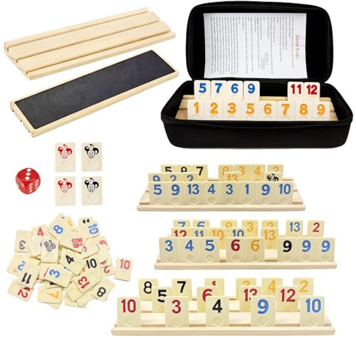Atomvia Rummy Spiel Set für 2–6 Spieler mit 160 Steinen, 6 Holzhalter, Würfel & Aufbewahrungsbox – Klassisches Brettspiel, Familienspiel & Reisespiel für Kinder und Erwachsene