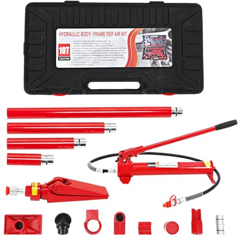 Porta Power - Gato hidráulico de cilindro 10T, kit de alimentación Porta con manguera de aceite de 4 pies y caja de almacenamiento, bomba manual hidráulica manual de mano para construcción
