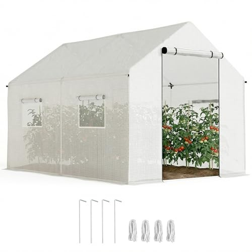 Outsunny Gewächshaus 3 x 2 x 2 m Moskitonetz Spitzdach 4 Fenster Weiß | Foliengewächshaus, Breiter Rollbar Reißverschlusstür, UV-beständiger Folientunnel, Winterfest Tomatenhaus mit Erdanker