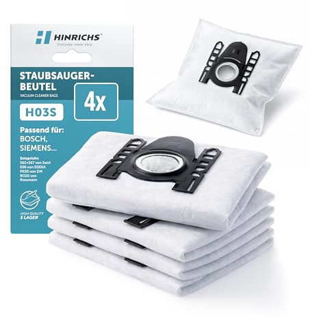 Hinrichs Staubsaugerbeutel 4er Pack kompatibel mit Bosch und Siemens, H03S Ersatz für Swirl S62/S67, EDEKA E06, DM PR30 und Rossmann RO20, 3-lagig mit Hygieneverschluss | Typ G ALL, auch für Bosch GL-40, MoveOn, Siemens Z3.0, VS06, Ersatz für Swirl S67, EDEKA E06, dm PR30, VZ16GALL