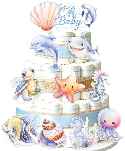 Ocean Diaper Cake Decorations Under the Sea Themed Baby Shower Supplies | With Ribbon and Decorative Cards Diapers Not Included