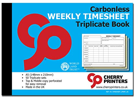 Cherry Carbonless Weekly Timesheet Triplicate Book | A5 (148mm x 210mm) | 50 Perforated Sets | Made in The UK