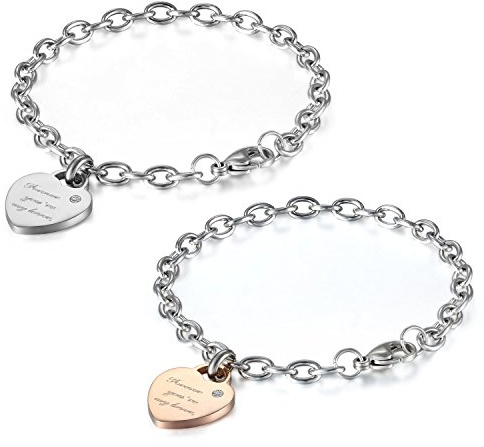 JewelryWe Schmuck Damen Armband Edelstahl Elegant Forever You're My Lover Gravur Herz Rolo Kette Charm Charme Armreif Armkette Geschenk Silber Rose Gold
