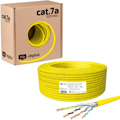 HB-DIGITAL 50m CAT.7a Netzwerkkabel LAN Kabel Verlegekabel AWG 23 Reines Kupfer S/FTP PiMF LSZH Halogenfrei RoHS-Compliant Ethernet Installationskabel Datenkabel PoE 10Gbit/s max. 1200MHz Gelb