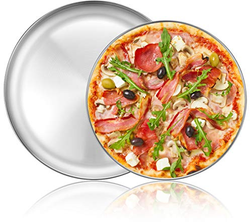Deedro Pizza Baking Pan Pizza Tray - Stainless Steel Round Pizza Baking Sheet, Heavy Duty Pizza Crisper Pan for Oven, Dishwasher Safe Pizza Serving Tray, 12 inch & 13 inch, 2-Piece Set