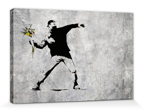 1art1 Banksy Poster Der Blumenwerfer, Graffiti Streetart Bilder Leinwand-Bild Auf Keilrahmen | XXL-Wandbild Poster Kunstdruck Als Leinwandbild 30x20 cm
