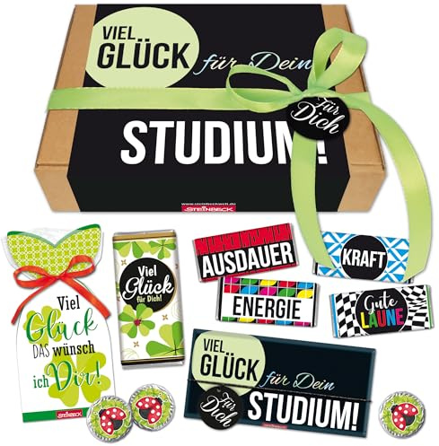 STEINBECK Viel Glück für dein Studium Geschenk Geschenkbox Glücksbringer Schokolade Fruchtgummi Mitgebsel Student Studienbeginn