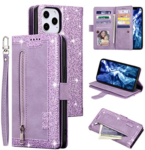 UEEBAI Wallet Case for iPhone 12 iPhone 12 Pro 6.1 inch, Retro 9 Card Holder Slots Zipper Pocket Handbag Case PU Leather Magnetic Closure Kickstand Wrist Strap TPU Shockproof folio Case- Bling Purple