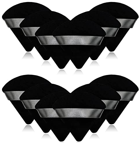 12 Pieces Black Cosmetic Powder Puff,2.76 inch Portable Soft Sponge Setting Face Puffs,Triangle Velvet Powder Puff with Ribbon Band Handle for Loose Powder Body Powder Makeup Tool