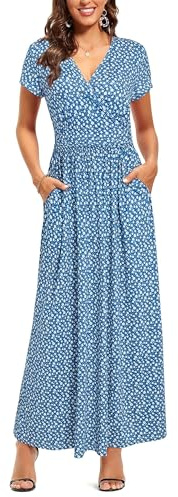 OUGES Women's Summer Spring Maxi Dress V Neck Short/Long Sleeve Ladies Casual Long Wrap Dress with Pockets