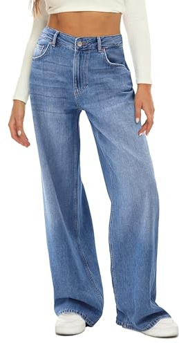HDLTE Women Wide Leg Jeans High Waist Baggy Jeans Loose Boyfriend Jean Denim Pants Y2K Light Blue