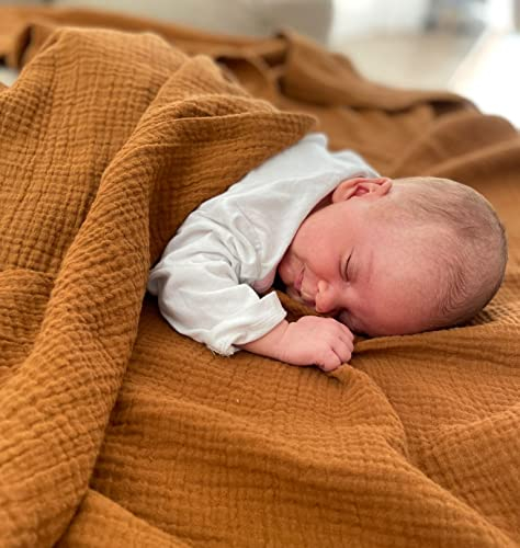 LOOLAY Musselin Decke 120x120cm – 100% Europäische Baumwolle – Leicht Atmungsaktiv – musselindecke Sommer für Kinder – Wickeldecke, Reisedecke und Strandtuch (Karamell)