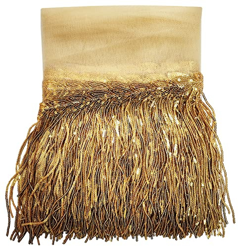WANYI Flecos para Pegar Con Lentejuelas 5 Yardas Largo 7.87in Ancho Pasamaneria con Flecos para Coser Bricolaje Latin Macrame Samba Dress Stage Ropa Accesorios (Oro oscuro)