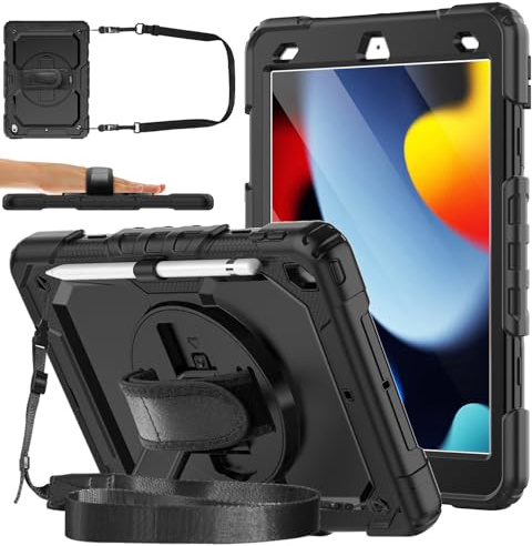DAORANGE Custodia Cover per iPad 9a / 8a / 7a Generazione (iPad 10,2 Pollici 2021/2020/2019), Custodia Antiurto con Pellicola Protettiva, Supporto Girevole a 360°, Cinturino a Mano e Tracolla (Nero)