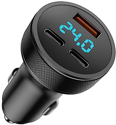 80W USB C Auto Ladegerät, Dual PD+QC3.0 USB Zigarettenanzünder Adapter Schnellladegerät, 3-Port mit LED Voltmeter DC12-24V, kompatibel mit iPhone, Android, Samsung, Tablet und Allen Smartphones