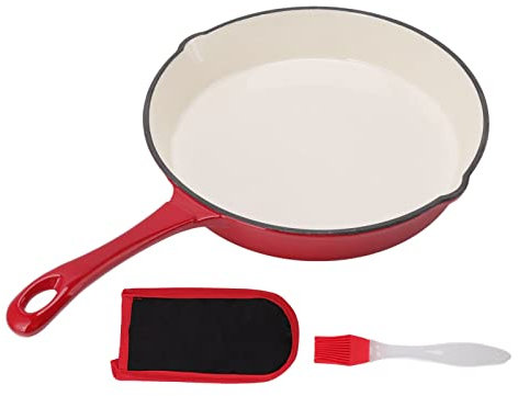 Poêle en Fonte avec Manche Long, Poêle à Frire émaillée, Poêle Antiadhésive Rouge, Poêle à Frire de Cuisine au Design Ergonomique pour Cuisiner, Rôtir, Griller, Frire et Mijoter, 25 Cm