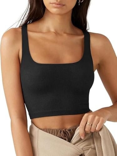 Rongseng Canotta Donna Estiva Crop Top Sexy Senza Maniche con Scollo Quadrato Canottiera Corto Sportiva Aderente Tank Top Casual Elegante Maglietta Tinta Unita Shirt