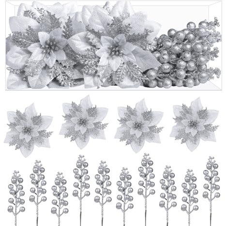 Alupssuc 24pcs Poinsettia Christmas Tree Decorations,Box 12pcs Poinsettia Artificial Flowers+12pcs Holly Berry Stem for Christmas Wreath Decorations,Xmas Tree Decorations,Christmas Decorations,Silver