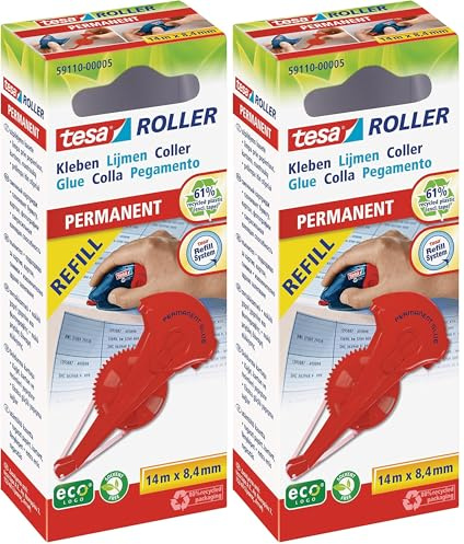 tesa® Kleberoller permanent Nachfüllkassette, 14 m x 8.4 mm, Rötlicher Klebstreifen, 2x14m (Packung mit 2)