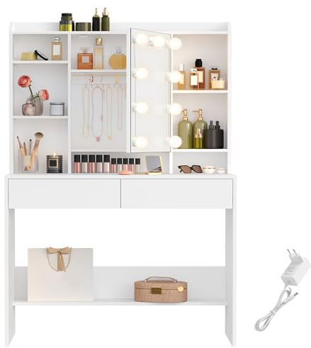 VASAGLE Schminktisch mit Beleuchtung, einstellbare Helligkeit, Frisiertisch mit Spiegel, Kosmetiktisch mit verstellbaren Ablagen, 2 Schubladen, modern, wolkenweiß RDT126W01