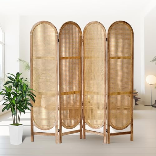 Asnefeli 4 Panel Room Divider, Double Hinged Foldable Wooden Room Divider, Individual Privacy Screen Made of Hand-Woven Rattan, Portable Wall Divider for Home Office Bedroom Bathroom (Natural)