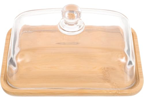 Cabilock Wood Butter Tray with Glass Dome Cover, Transparent Lid Square Cake Server Cheese Board Stand, Food Display Plate Dessert Serving Platter for Wedding Party Supplies