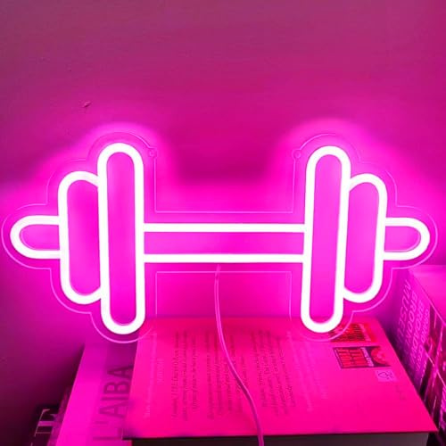 Dimbar LED gym neonskylt – hantelljus för hemträning rum dekor – rosa väggdekor present till män och kvinnor – 30 x 18 cm