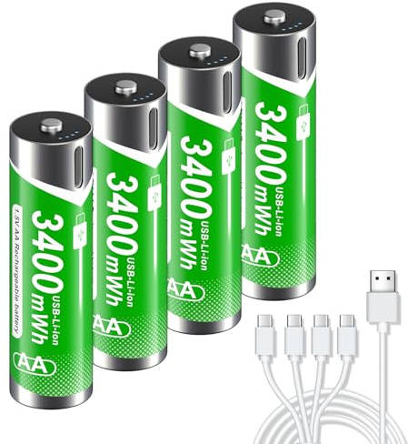 Palogreen 4 pcs Crash Light USB Batteries AA Rechargeable 3400mWh/Lithium - 1.5V Li-Ion AA Battery Rechargeable High Capacity Quick Charge ncluded Typ-C 4-in-1 Charging Cable