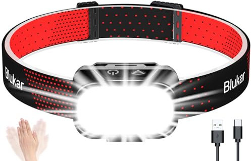 Blukar LED Stirnlampe Wiederaufladbar, Superhell 2000 Lumen Stufenlos Dimmbar Kopflampe mit 5 Normalmodi & 5 Sensormodi & Rotlicht, Leichtgewichtig Wasserdichte Mini Stirnleuchte für Camp, Angeln usw.