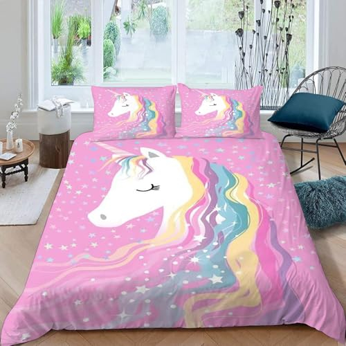 Generisch Bettwäsche 135x200 Mädchen Rosa Baumwolle,Einhorn Kinder Bettwäsche-Sets Für Sommer Winter,3D Bettbezug Mit Reißverschluss + 80X80Cm Kissenbezug,A14