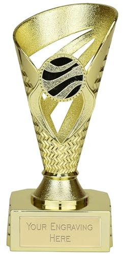 TROPHIESPLUSMEDALS Gold Voyager Trophy Cup, 15cm, Free Engraving | Two-tone resin trophy cup from the Voyager Collection with free engraving on personalised plate, ideal for school and sports.
