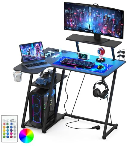 HaodaCulture Mesa Gaming LED 100x80 cm, Escritorio Gaming con Tomas de Corriente y Luces LED, Mesa de Juego, Fibra de Carbono Ergonómicas, Accesorios completos, para el Hogar, Oficina