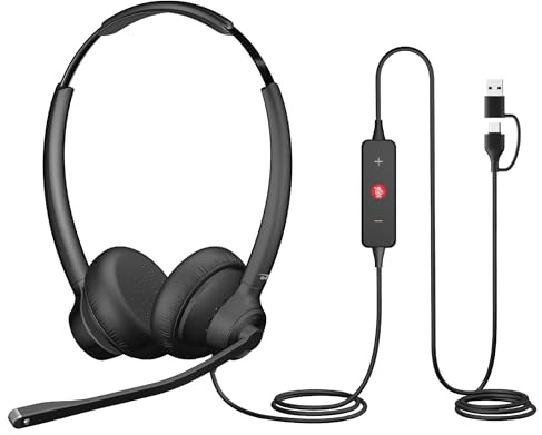 Cyber Acoustics Casque USB professionnel (AC-404) – L'annulation du bruit du microphone AI bloque tous les bruits de fond pour les auditeurs, assure des appels clairs, une connexion USB-C ou USB-A