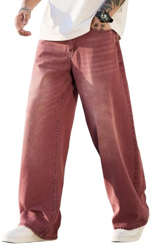 Zewool Jeans Baggy Hip Hop para Hombres,Jeans Skater de Pierna Ancha,Pantalones de Denim Holgados Streetwear Pierna Recta relajados Y2K Extrema Libertad de Movimiento Skateboard,G10 Rojo,L
