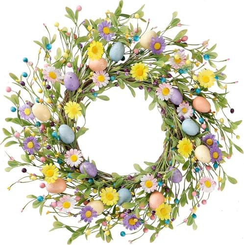 Osterkranz mit Eiern, künstliche Blumenkranz, 45 cm Frühlings-Kranz Dekoration, Sommerkranz, für Fensterdekoration im Freien Haustür Home Decor (Grün)