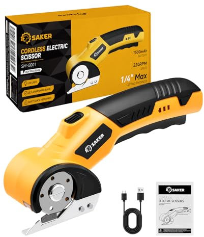 Saker Kabellose elektrische Schere, wiederaufladbare Stoffschere mit LED-Licht, elektrischer Rollschneider für Lederteppich, Kunststoffschneiden, Nähen, Basteln, Kartonschneider mit 1 Klinge