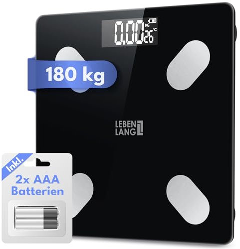 LEBENLANG Körperwaage Personenwaage digital - Bis 180 Kg Präziseste Messung mit App Connect I 4 Elektroden Waage Personen Körperfettwaage Gym Wage I Digitale Smart Weight Scale Scales Personenwaagen